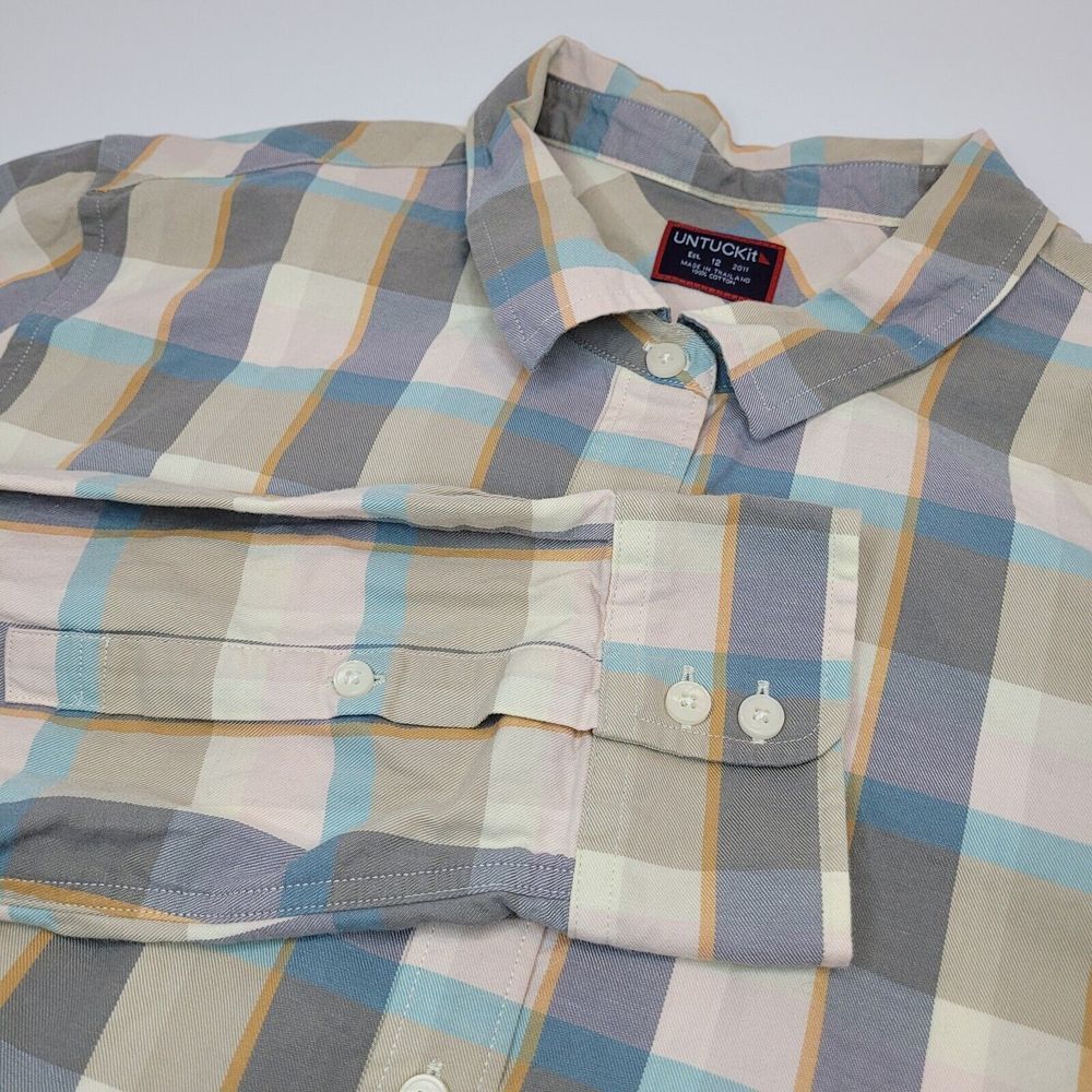 UNTUCKit Sofia Button Down Shirt Womens 12 Plaid Cotton Grey Blue Excellent